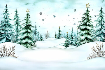 Fototapeta premium Watercolor Winter Wonderland depicts snow-covered pine trees with gold stars in a serene landscape softly.