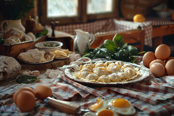 Una composizione di ravioli fatti a mano su una tovaglia a quadri, circondati da ingredienti come ricotta, spinaci e uova, con un'atmosfera calda e familiare