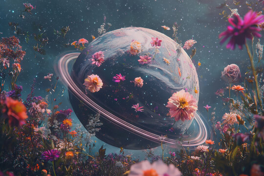 Futuristic transparent sphere with planetary rings, surrounded by surreal floral elements. - Powered by Adobe