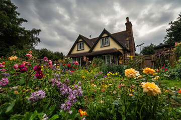 Charming British cottage house with a lush garden from the 1900s