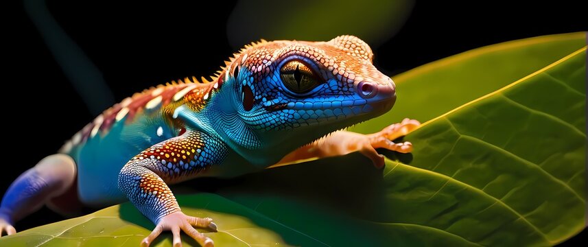 A beautiful macroshot of a gecko resting on a vibrant leaf showcasing its intricate skin textures and colors