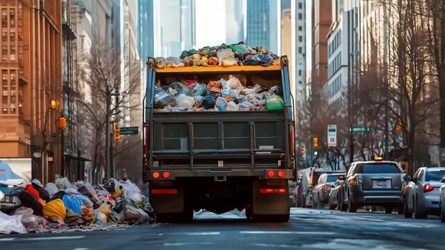 A garbage truck collecting waste on a city street, Truck is filled with trash	