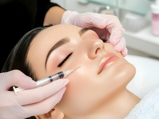 Cosmetologist injects filler into cheek of a beautiful woman for facial contouring in a clinic.