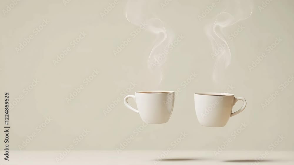 Poster Two white cups filled with steaming coffee levitate above a surface, creating a surreal and inviting atmosphere against a minimalist background