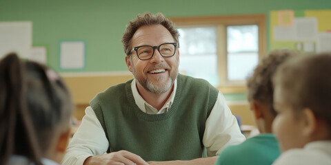 Smiling teacher interacting with young students in a classroom setting
