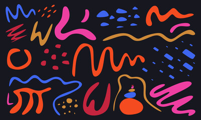 Abstract scribble elements. Color doodles, freenand brushstrokes, lines isolated. Hand drawn colored elements and texture for graphic design decoration. Colorful vector illustration