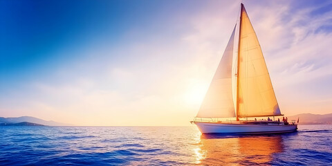 Fototapeta premium Sailboat sails smoothly across the ocean during a vibrant, colorful sunset.