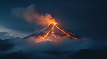 A dramatic volcano erupting at night, with streams of glowing lava cutting through the darkness.