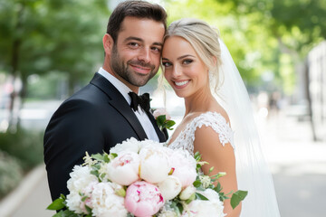 Smiling bride and groom embracing on their wedding day outdoors
