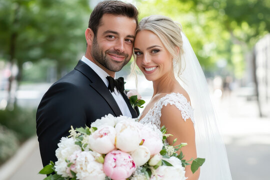 Smiling bride and groom embracing on their wedding day outdoors