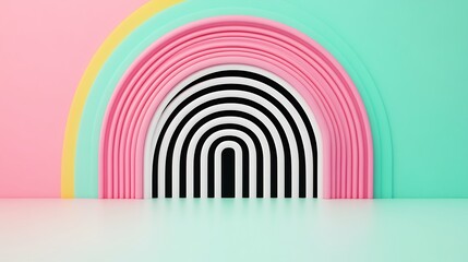 Obraz premium Vibrant Abstract Rainbow Arch with Colorful Layers in Pastel Tones and Black and White Stripes
