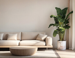 A beautifully designed minimalist living room featuring a neutral-toned curved sofa, elegant wooden coffee tables, and a large potted green plant. Natural light filters through soft curtains, creating