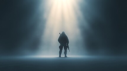 A solitary soldier stands in a dramatic light, embodying resilience and strength amidst a misty, atmospheric backdrop.
