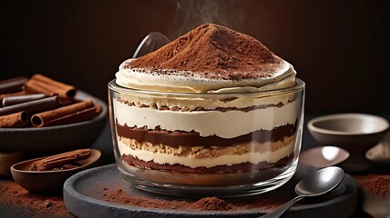 High-resolution 3D rendering of Italian tiramisu with visible layers of mascarpone, coffee-soaked ladyfingers, and cocoa dusting.