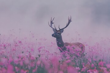 Fototapeta premium A foggy morning scene in a cosmos meadow, with a deer emerging from the mist in the distance.
