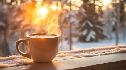 Steaming Coffee on Wooden Windowsill Overlooking Snowy Winter Forest at Sunset - Cozy Evening Warmth and Serenity for Winter Themes, Generative AI