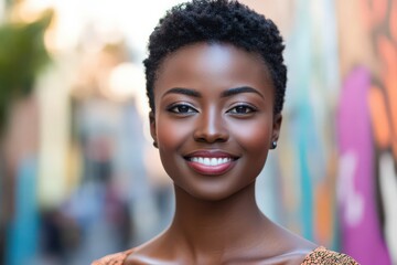 A headshot of a woman with soft makeup and a confident smile, against a blurred urban background.