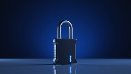 Digital padlock icon on dark blue backdrop symbolizes cybersecurity technology for preventing fraud and protecting private data networks