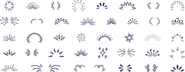 Playful wavy lines resembling spontaneous doodles. Explosive rays of surprise, hand-drawn radial lines resembling sunbeams, and scattered lines like confetti. A collection of expressive and emotional
