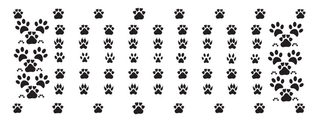 Cat Paw Dog Paw vector icon illustration. Different animal paw . Paw Prints. Black paw. Dog, puppy silhouette animal diagonal tracks for t-shirts, backgrounds, patterns, websites, showcases design