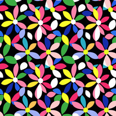 Vibrant Floral Pattern: A joyful, vibrant seamless pattern featuring stylized flowers in a rainbow of colors against a black background. Perfect for textile design, wallpapers, and surface patterns. 