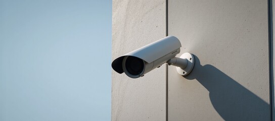 High-angled shot Modern bulleted security camera atop gray stone corner