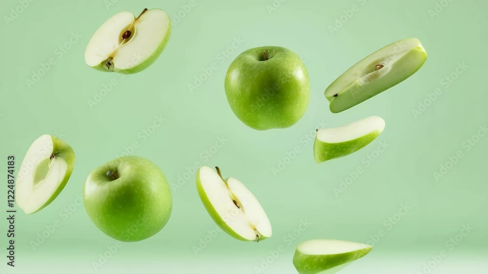 Aufkleber whole and sliced green apples are levitating on a pastel green background, creating a vibrant and dy