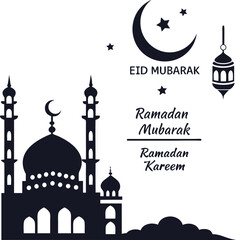 Silhouette of a mosque, crescent moon, and lantern celebrating Eid Mubarak and Ramadan Kareem.