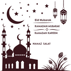 A simple, elegant silhouette of a mosque, crescent moon, stars, and lanterns, perfect for Ramadan.