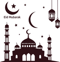 A simple, elegant silhouette of a mosque, crescent moon, stars, and hanging lanterns, perfect for Eid Mubarak celebrations.