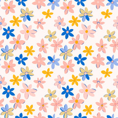 Blooming Delight: A cheerful seamless pattern of stylized flowers in pink, blue, and yellow hues, perfect for backgrounds, textiles, and more. 