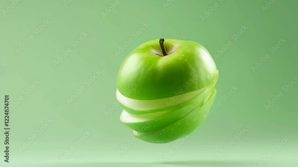 Poster Sliced green apple with stem levitating on matching monochromatic green background, creating a visually appealing and minimalist composition