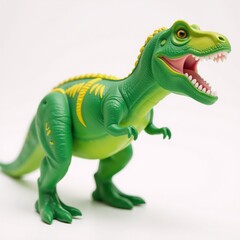 Obraz premium A T-Rex toy open-mouthed against a white backdrop GreenYellow Dinosaurs