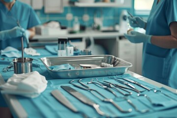 Dettagli su strumenti medici e ambiente clinico pulito, team sanitario si prepara per una operazione chirurgica
