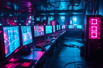 A dimly lit room with a computer displaying encrypted data on its screen. The room is filled with storage units and glowing cryptographic symbols, creating a mysterious and secure atmosphere