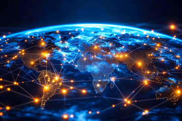 Abstract glowing world map on a dark technological background, featuring vibrant blue and white light effects. global connectivity, business, innovation, and digital technology