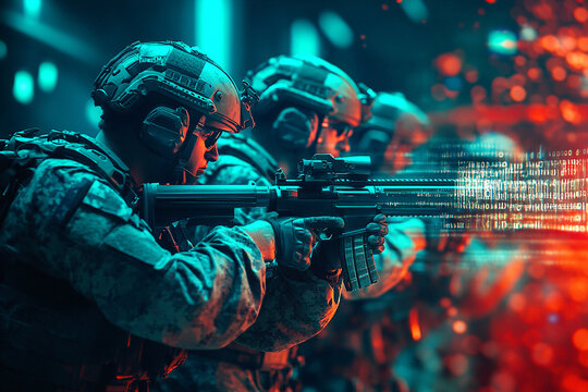 A futuristic depiction of cyber warfare featuring a virtual soldier in full digital armor, immersed in a VR training simulation. high-tech background with glowing interfaces