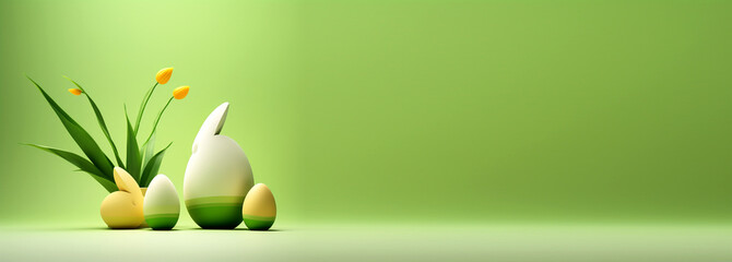 A vibrant Easter-themed banner featuring a green bunny illustration surrounded by yellow tulips. playful springtime art with ample copy space, perfect for greeting cards or seasonal messages
