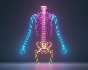 X-ray Human Bones and Joints Anatomy Colorful Concept, Spine and pelvis Xray, surreal neon glow, 3D illustration