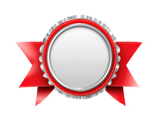 Red round shaped award badge with white interior and red ribbons, award badge png image