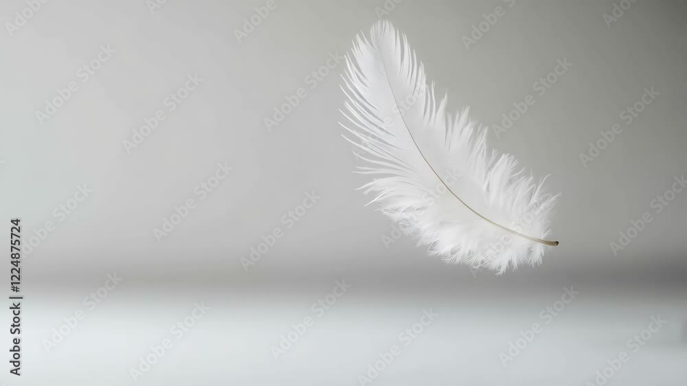 Poster single white feather floating on a minimalist gray background, creating a serene and delicate atmosp