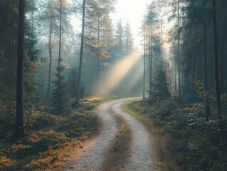 Obraz premium A misty forest trail winding through tall evergreen trees, with sunlight filtering through the fog.