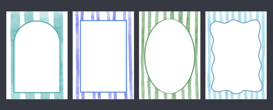 Set of vintage greeting card templates Frame border on striped background. Holiday clipart in retro coquette aesthetic