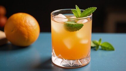 Fototapeta premium A cocktail blending citrus and mint under a tangerine sunset glow