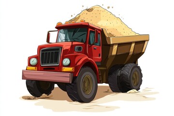 Dump Truck filled with sand isolated on white background. Dump Truck icon. Heavy Machinery. Construction Vehicle with sand. Dump Truck Design Element. Sand-filled Dump Truck isolated.