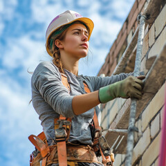 Female bricklayer working on construction site.