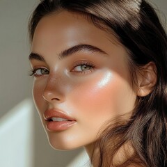 Close-up portrait of a woman with sun-kissed skin and natural makeup.