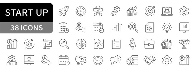 Start up simple line icons set. Startup, launch, business, rocket editable stroke icon vector