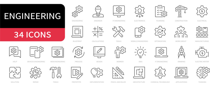 Engineering simple line icons set, editable stroke. Vector
