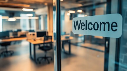 Fototapeta premium Modern Office with Open Workspaces and Welcome Sign
